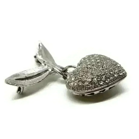 Vintage silver PUFFY HEART Charm Rhinestone Brooch Bow Signed CORO Pierced - Picture 2 of 9